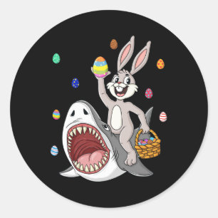 Easter Bunny Riding Shark Fun Eggs Basket Boys Gir Classic Round Sticker
