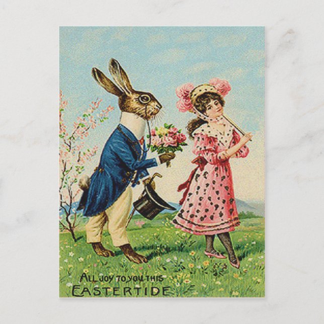 Easter Bunny Rose Victorian Woman Landscape Holiday Postcard (Front)