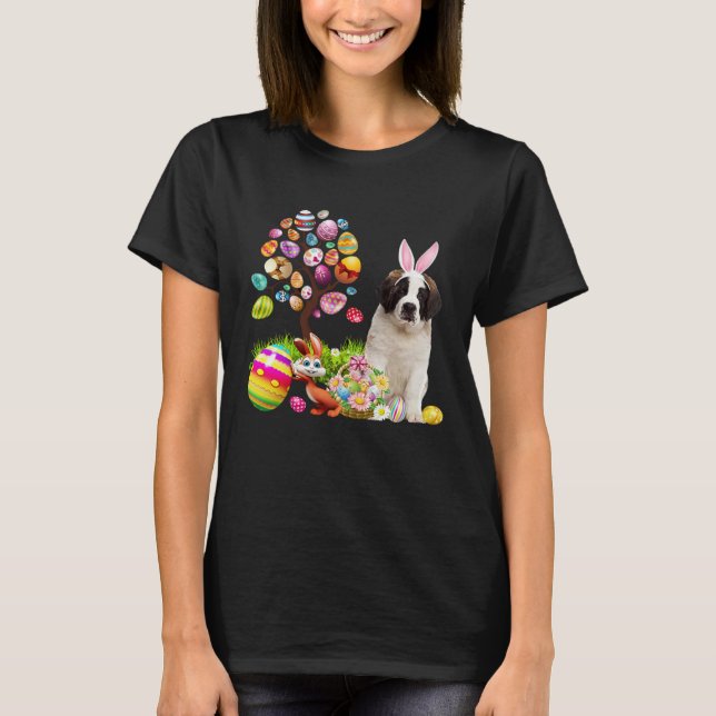 Easter Bunny Saint Bernard Dog Ear Tree Egg Basket T-Shirt (Front)