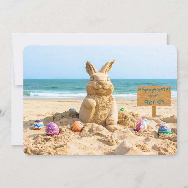 Easter Bunny Sand Sculpture on the Beach Holiday Card (Front)