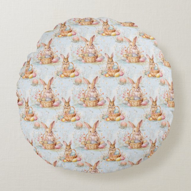 Easter Bunny Seamless Fabric – Pastel Cute Rabbit  Round Pillow (Front)