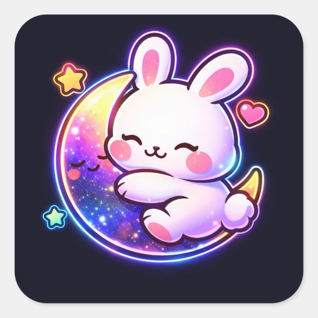 Easter Bunny Sleeping on Galaxy Moon Neon Sticker (Front)