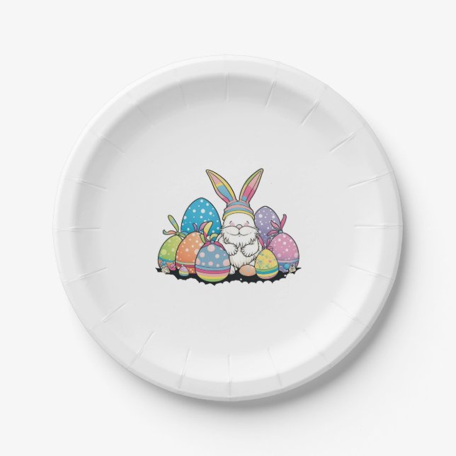 Easter Bunny Spring Cute Gnome Easter Egg Hunting Paper Plate (Front)
