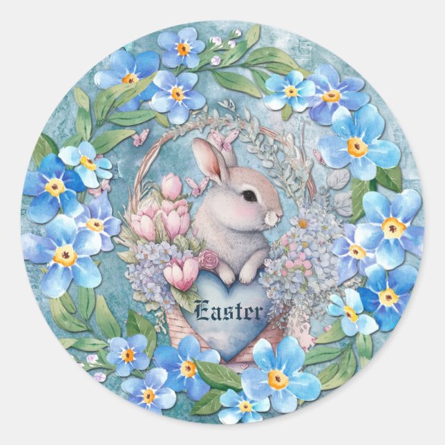 Easter Bunny Spring Floral Forget Me Nots Classic Round Sticker (Front)