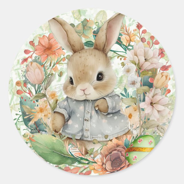 Easter Bunny Spring Flowers Cute Classic Round Sticker (Front)