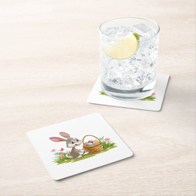 Easter bunny square paper coaster (Insitu)