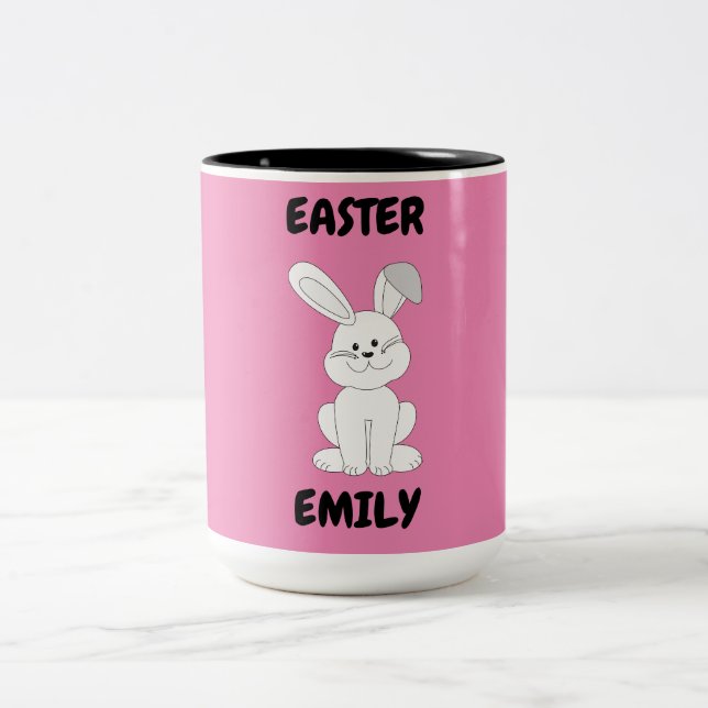 Easter bunny two toned mug. Personalized name. Two-Tone Coffee Mug (Center)