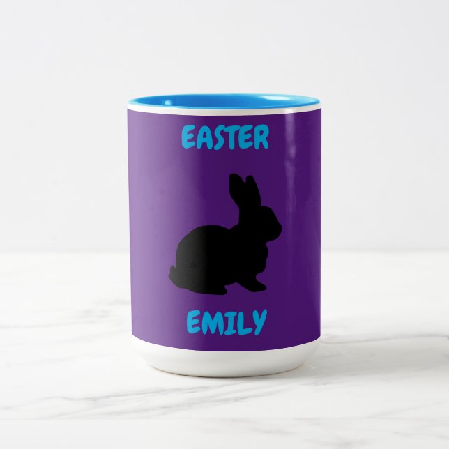 Easter bunny two toned mug. Personalized name. Two-Tone Coffee Mug (Center)