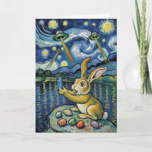 Easter Bunny UFO Selfie Starry Night Card (Front)