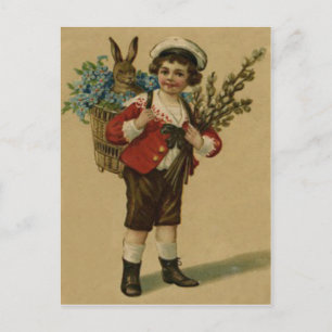 Easter Bunny Victorian Girl Forget Me Not Basket Holiday Postcard