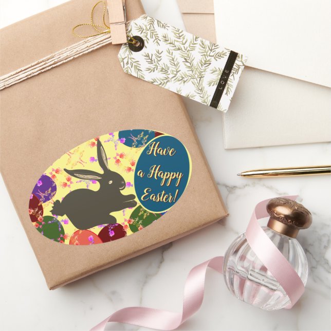 Easter Bunny w/ Eggs Rose Patterned    Oval Sticke Sticker (Gifting)
