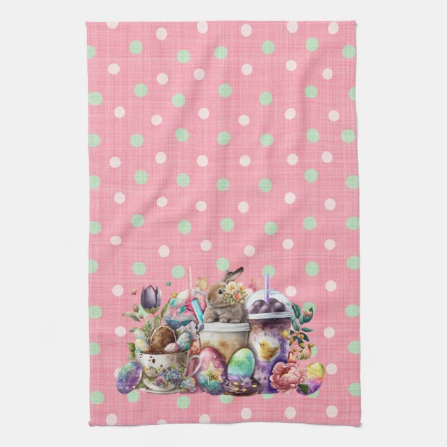 Easter Bunny Watercolor Coffee Drinks Kitchen Towel (Vertical)