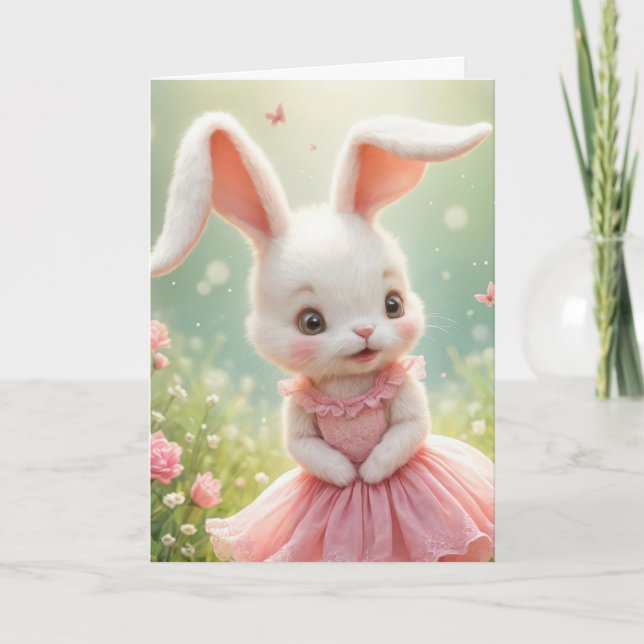 Easter Bunny Wearing a Pink Dress Card (Front)
