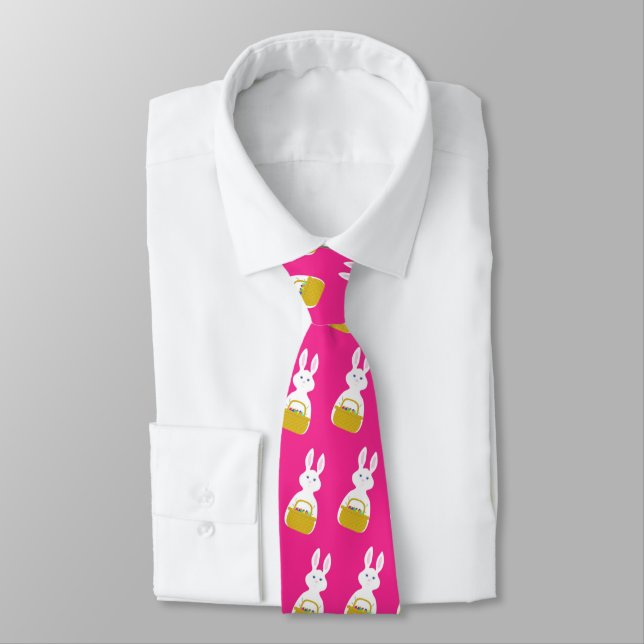 Easter Bunny with Basket Fuchsia background Tie (Tied)