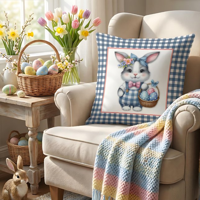Easter Bunny with Basket of Eggs on Blue Gingham Throw Pillow (Creator Uploaded)