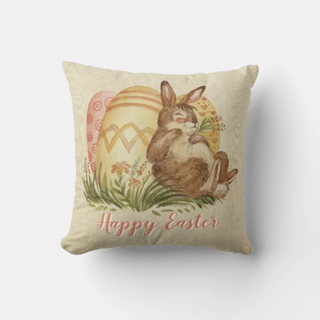 Easter Bunny With Coloured Eggs Watercolor   Throw Pillow (Front)