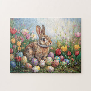 Easter Bunny with Colourful Tulips Painting Jigsaw Puzzle