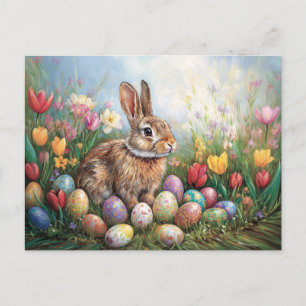 Easter Bunny with Colourful Tulips Painting Postcard