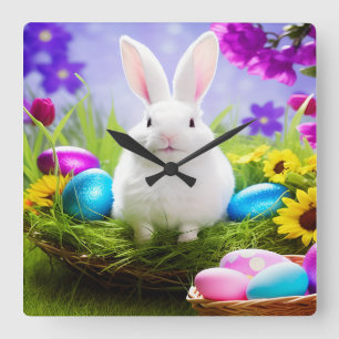 Easter Bunny With Easter Egg Basket Square Wall Clock