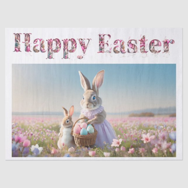 Easter bunny with Easter Eggs Happy Easter Tissue Paper (Front)