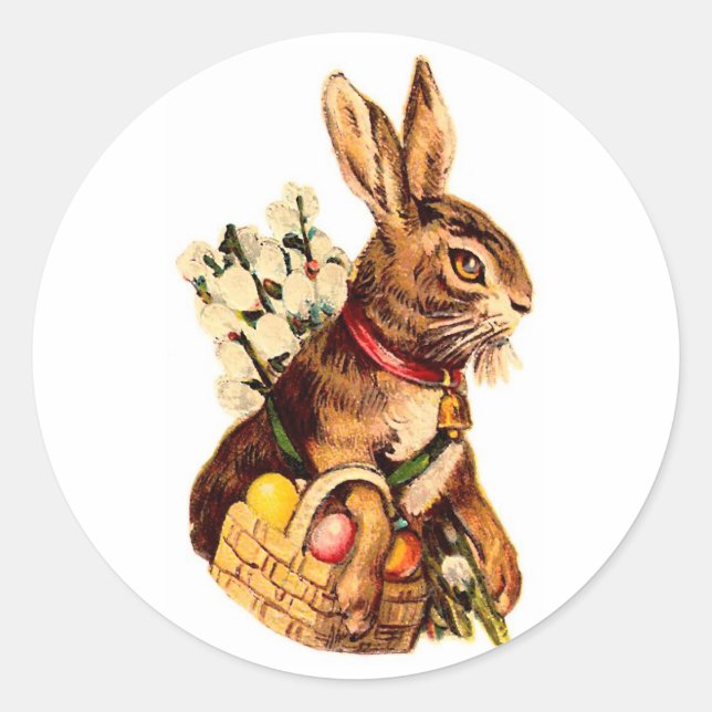 Easter Bunny With Eggs and Flowers Classic Round Sticker (Front)
