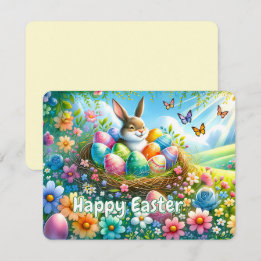 Easter Bunny with Eggs in Flower Garden -  Holiday Card