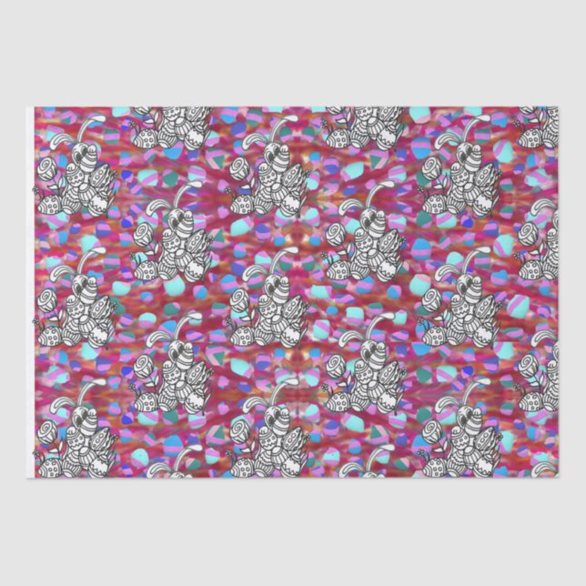 Easter bunny with eggs on red tissue paper (Front)