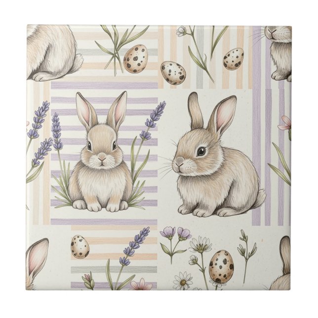 Easter Bunny with Eggs Spring Pastel Pattern (5) Tile (Front)