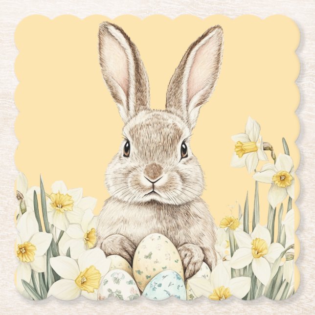 Easter bunny with flowers and Easter eggs Paper Coaster (Front)