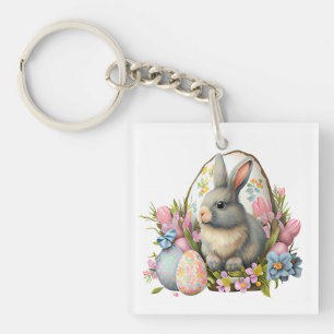 easter bunny with flowers and eggs, colourful bloo keychain