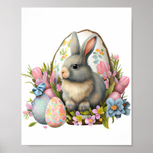 easter bunny with flowers and eggs, colourful bloo poster