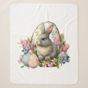 easter bunny with flowers and eggs, colourful bloo sherpa blanket