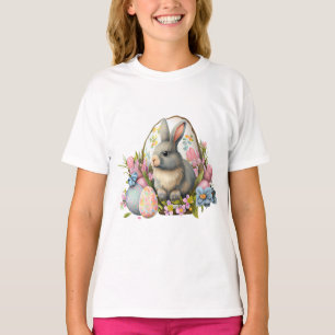 easter bunny with flowers and eggs, colourful bloo T-Shirt