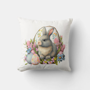 easter bunny with flowers and eggs, colourful bloo throw pillow
