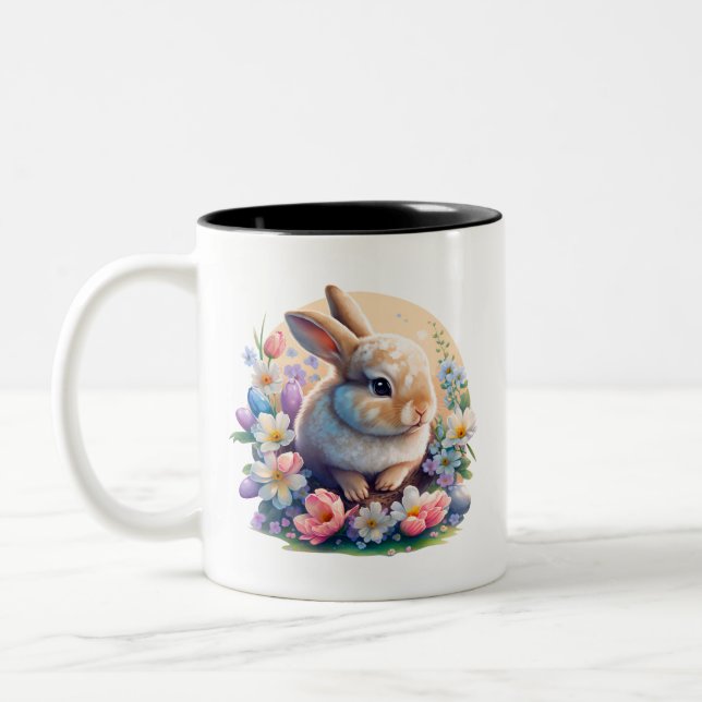Easter Bunny with Flowers, spring Bunny easter day Two-Tone Coffee Mug (Left)