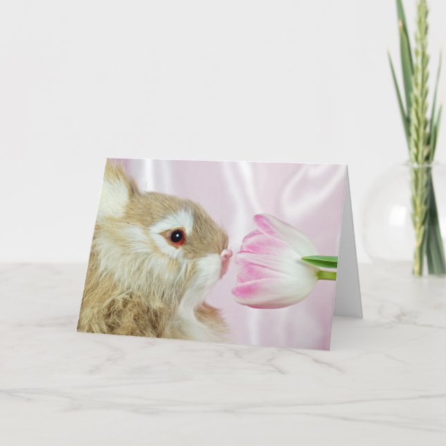 Easter Bunny with Pink Tulip  Holiday Card (Front)