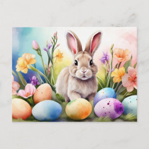 Easter Bunny with Spring Flowers, Painted Eggs Holiday Postcard