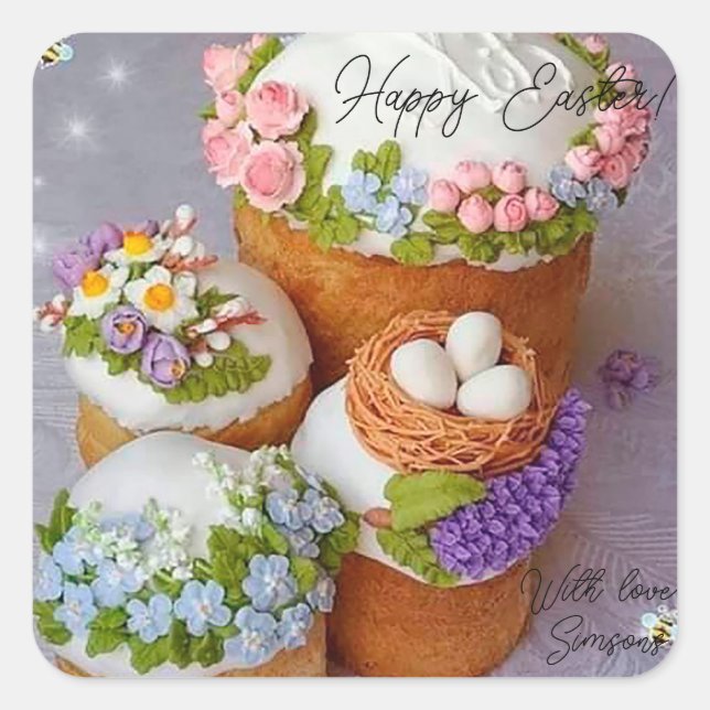 Easter cakes decorated with multi-coloured flowers square sticker (Front)