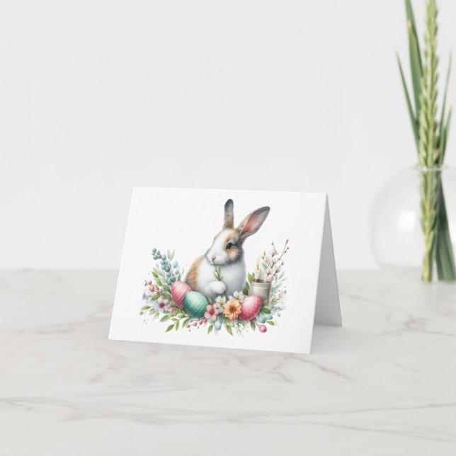 Easter card pretty rabbit and flowers (Front)