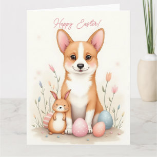 Easter card with a corgi dog in pastel colours