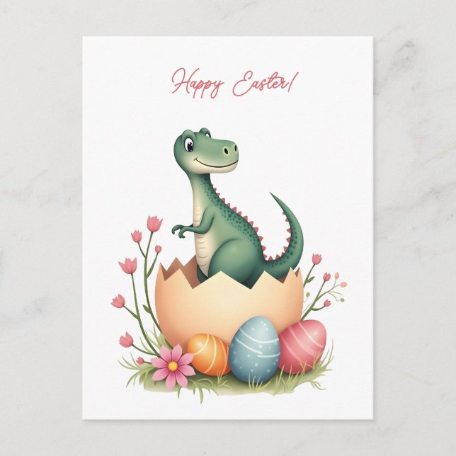 Easter card with a dinosaur in pastel colours (Front)