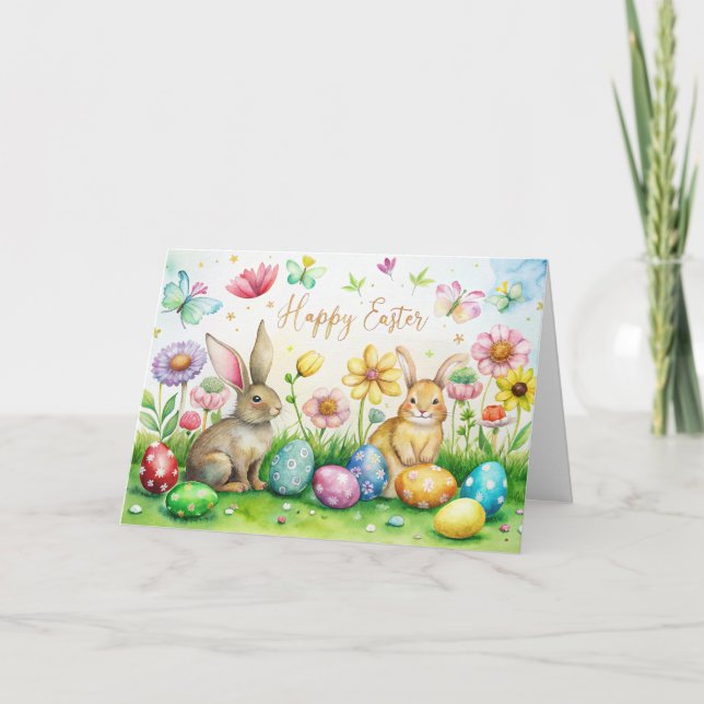 Easter card with cute bunnies, flowers and eggs (Front)