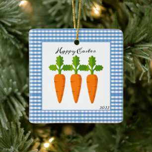 Easter Carrots on Blue Gingham Holiday Tree Ceramic Ornament