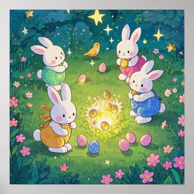 Easter cartoon bunnies hiding eggs in a garden poster (Front)
