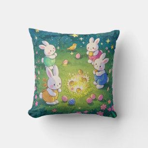 Easter cartoon bunnies hiding eggs in a garden throw pillow