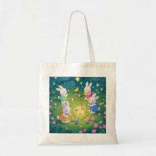 Easter cartoon bunnies hiding eggs in a garden tote bag
