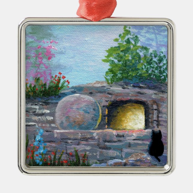 Easter Cat Christian Art Empty Tomb Metal Ornament (Front)