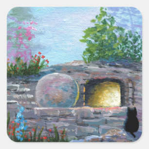 Easter Cat Christian Art Empty Tomb Square Sticker