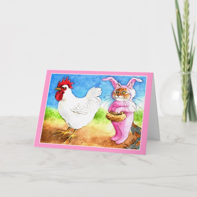 Easter cat in bunny suit and rooster holiday card (Front)