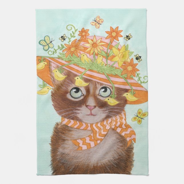Easter Cat in Easter Bonnet with Butterflies Kitchen Towel (Vertical)